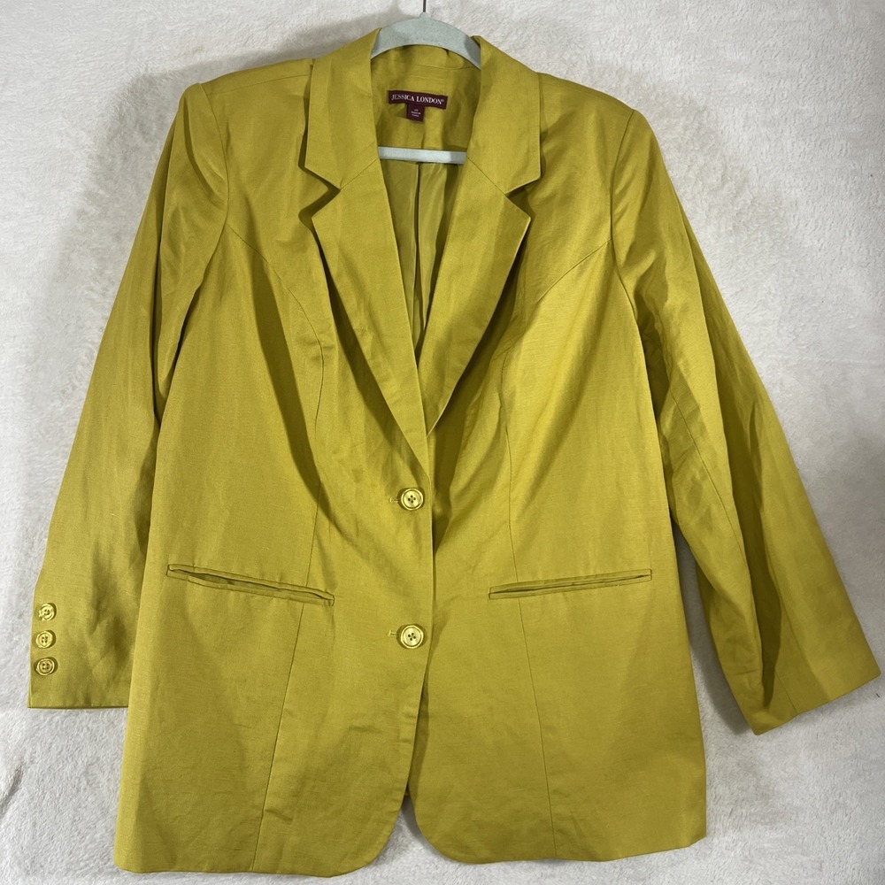 Jessica London Blazer Womens 12P  Chartreuse Linen Blend Button Career Classic